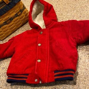 Carter’s Outerwear Red Navy Corduroy Fuzzy Lining Hooded Jacket Coat S:12 FLAWS